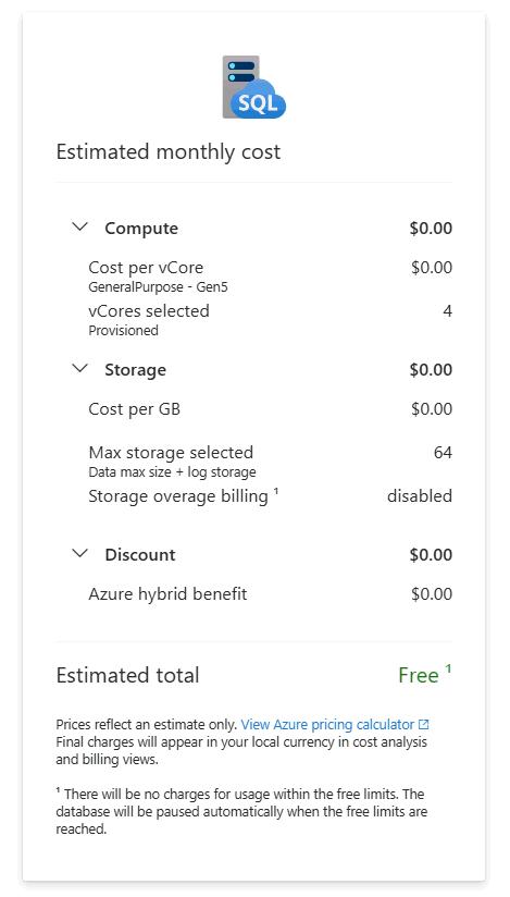 Screenshot dal portale di Azure della scheda di riepilogo costi dell'offerta gratuita.