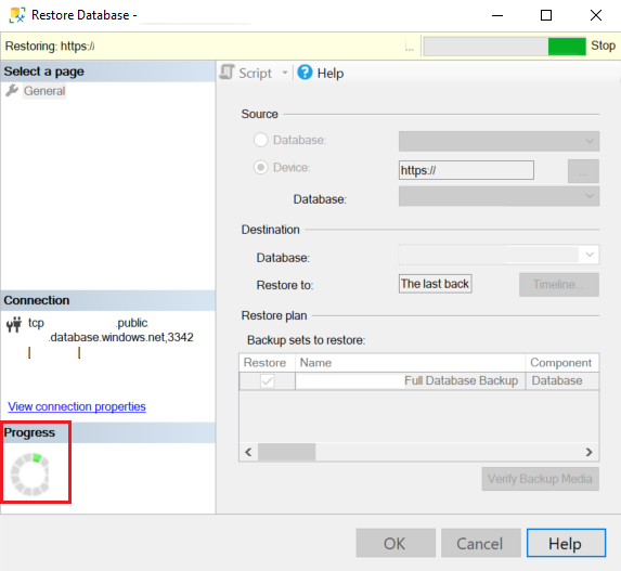 Screenshot di una pagina nella procedura guidata **Ripristina**. Viene evidenziato un indicatore di avanzamento.