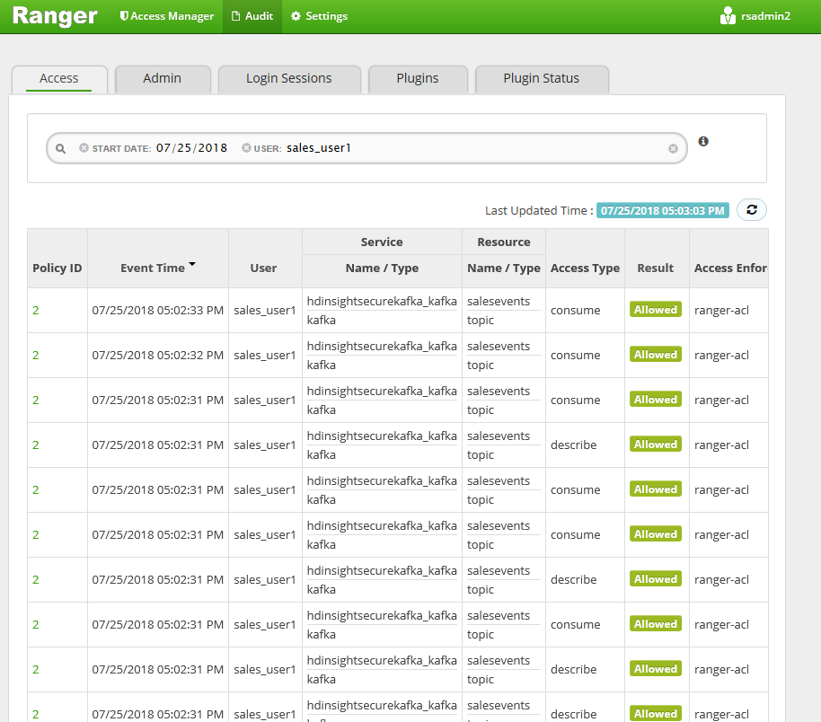 Screenshot che mostra gli eventi di accesso ai criteri di controllo dell'interfaccia utente di Ranger.