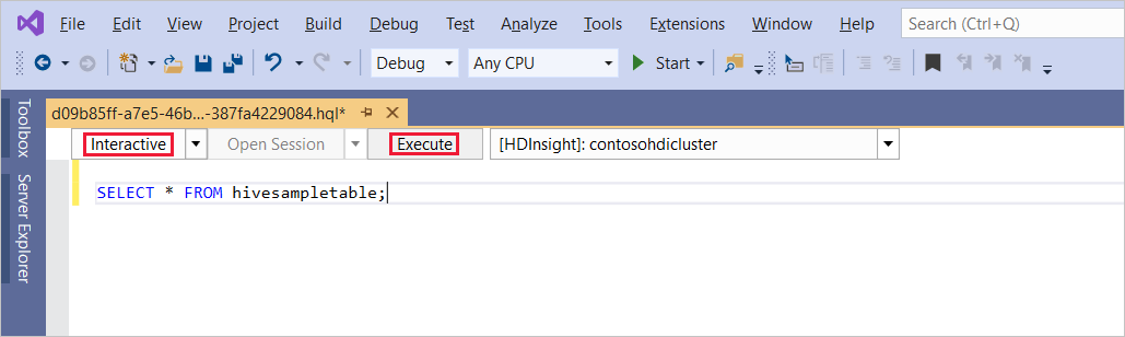 Eseguire una query Hive interattiva, Visual Studio.