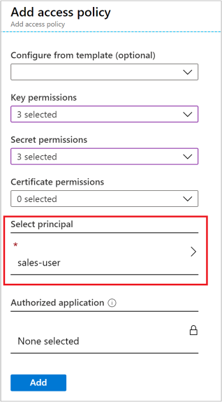 Impostare Select Principal for Azure Key Vault access policy (Selezionare l'entità per i criteri di accesso di Azure Key Vault).