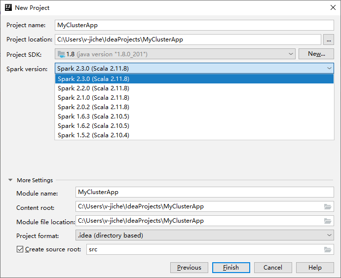 IntelliJ New Project (Nuovo progetto) selezionare Spark version (Versione Spark).