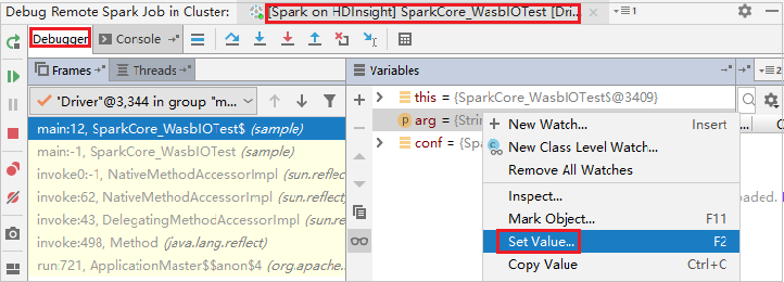 Valore del set di processi Spark remoti di debug intelliJ.