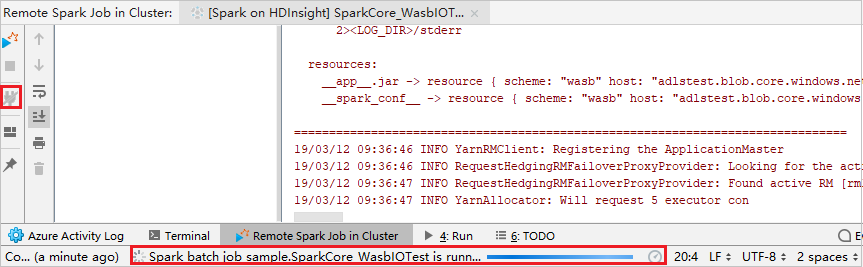Risultato dell'esecuzione remota del processo Spark di debug intelliJ.