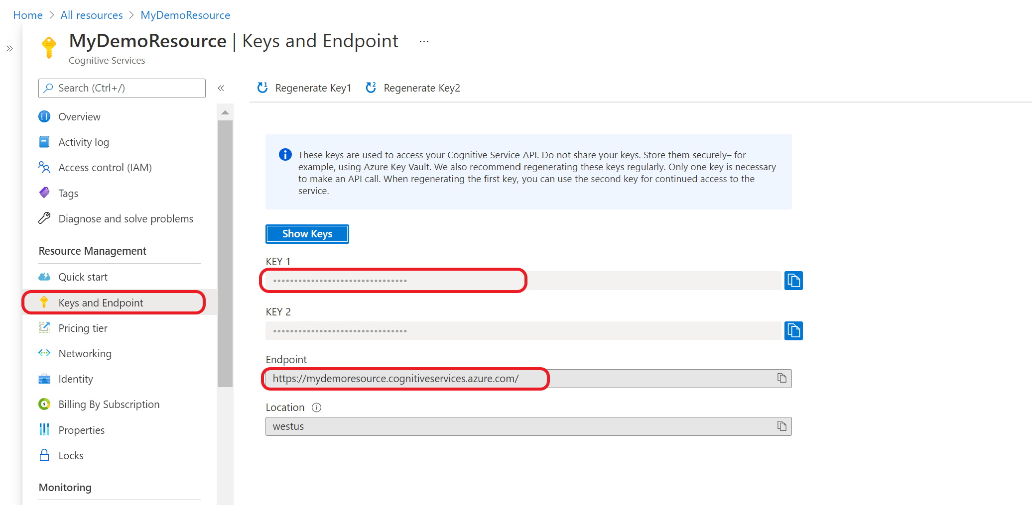 Screenshot che mostra la pagina della chiave e dell'endpoint nel portale di Azure.