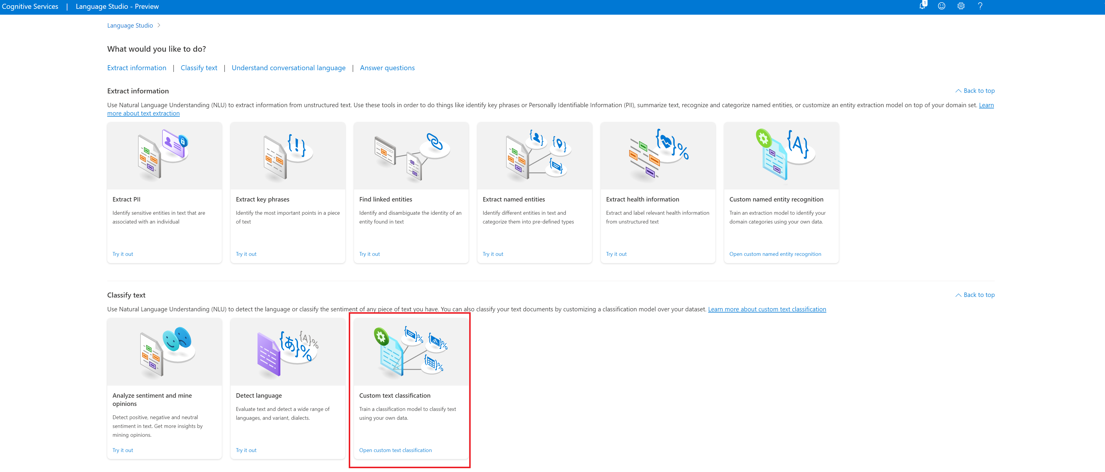 Screenshot che mostra la posizione di Classificazione personalizzata del testo nella pagina di destinazione di Language Studio.
