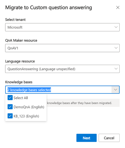 Eseguire la migrazione di QnAMaker con casella di selezione rossa intorno all'opzione di selezione della Knowledge Base con un elenco a discesa che visualizza tre nomi della Knowledge Base