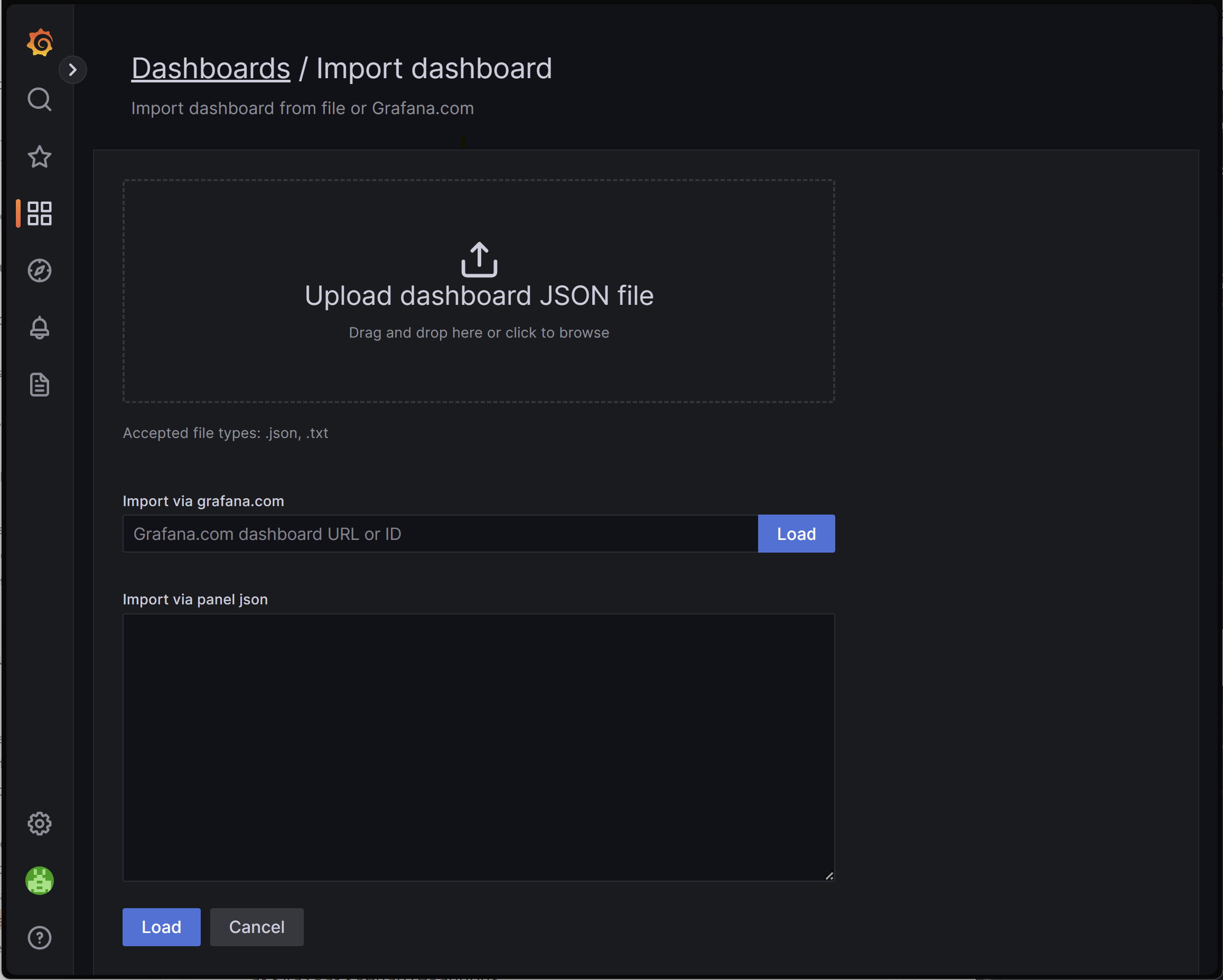 Screenshot di un browser che mostra la finestra di dialogo del dashboard di importazione dell'istanza di Grafana.