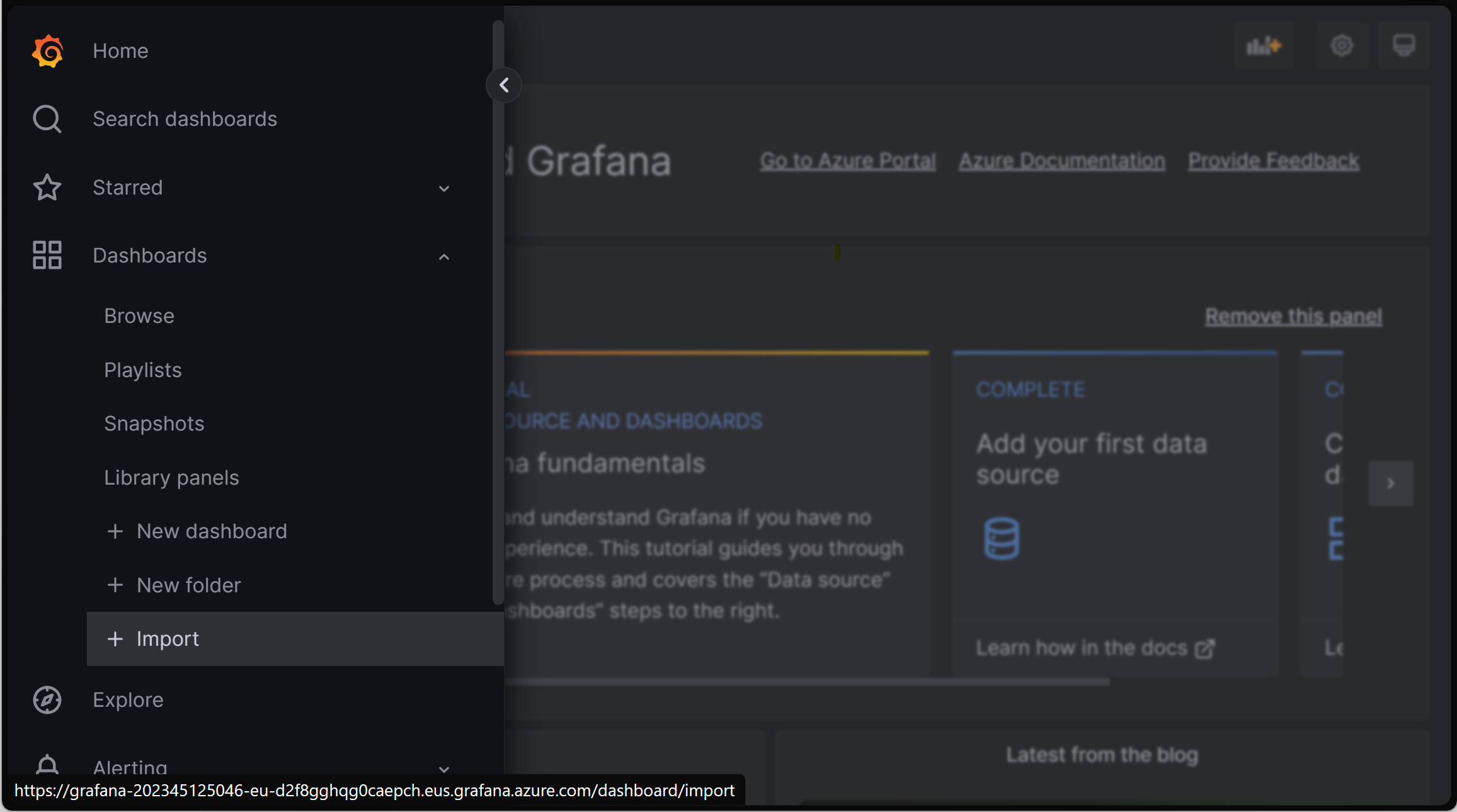 Screenshot di un browser che mostra l'istanza di Grafana con il dashboard Import evidenziato.