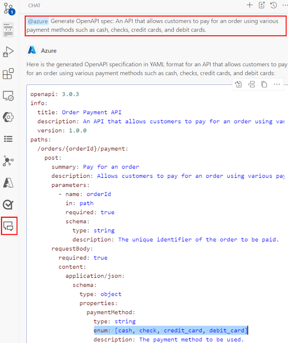 Screenshot che mostra come usare @azure'estensione per generare una specifica OpenAPI da un prompt.