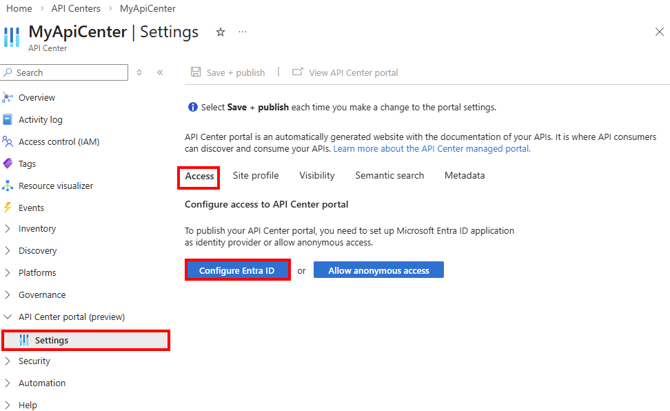 Screenshot che mostra la configurazione dell'ID Entra nel portale.