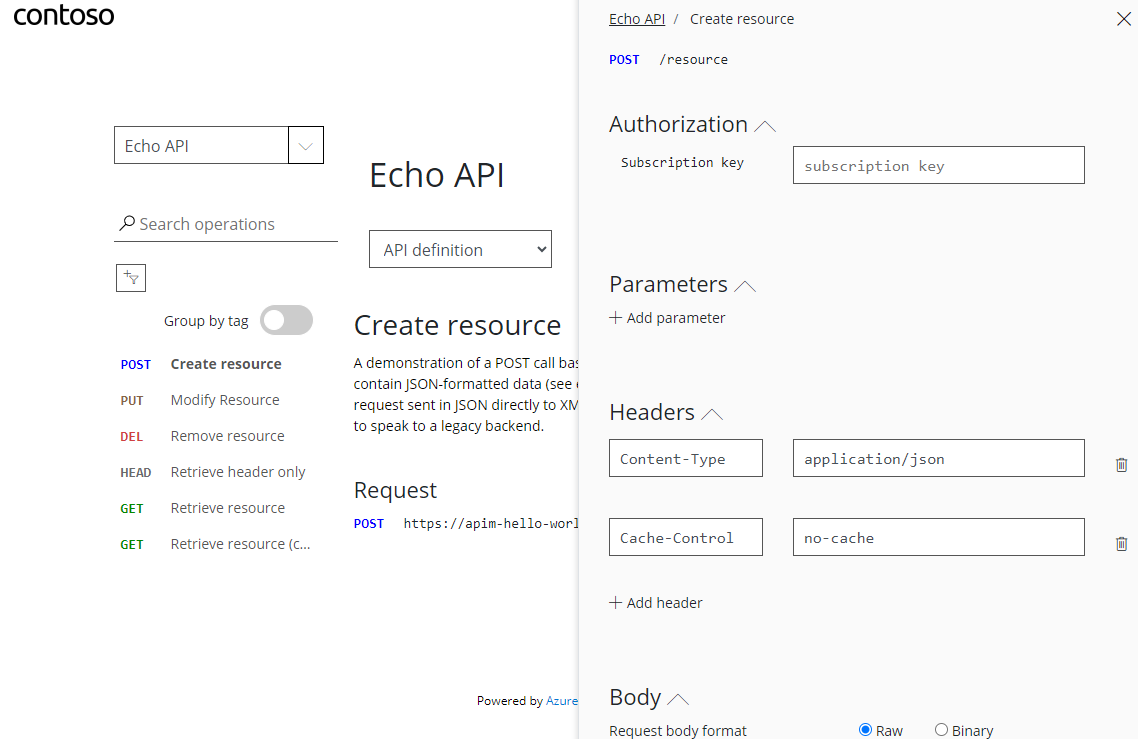 Screenshot della console di test nel portale per sviluppatori Gestione API.