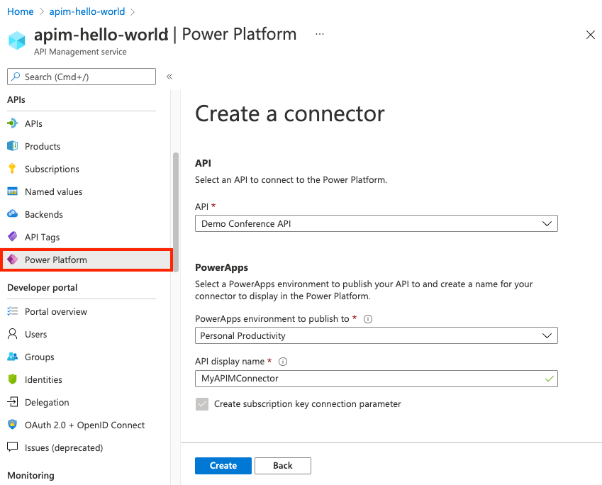 Creare un connettore personalizzato per l'API in Gestione API