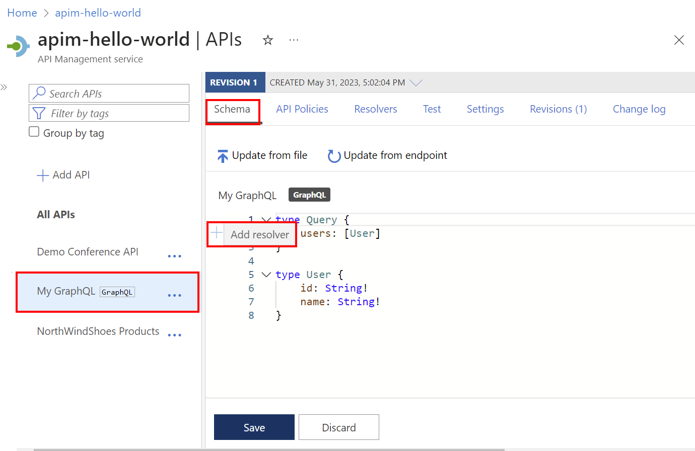 Screenshot dell'aggiunta di un resolver GraphQL nel portale.