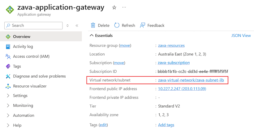 Screenshot che mostra come localizzare la rete virtuale che contiene il gateway applicativo nel portale di Azure.