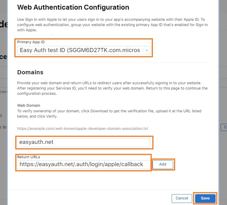 Specifica del dominio e dell'URL restituito per la registrazione