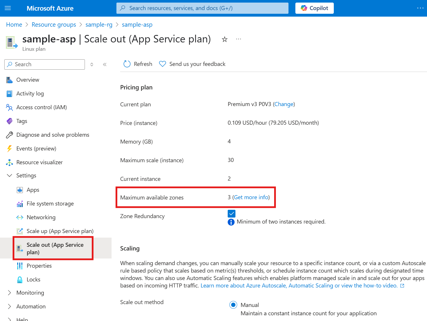 Screenshot della proprietà del numero massimo di zone disponibili nella sezione Aumenta nel portale di Azure per un piano di servizio app.