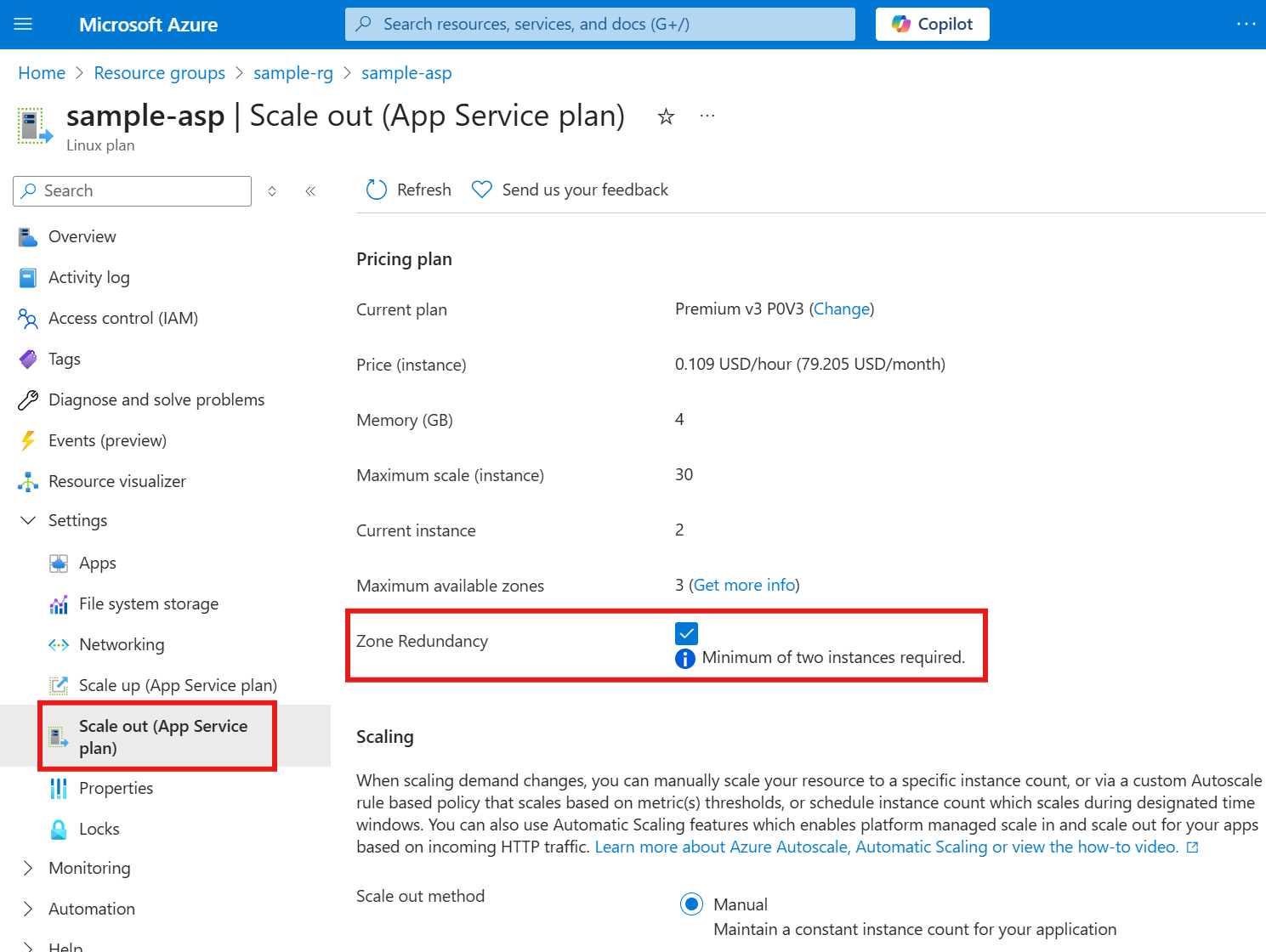 Screenshot della proprietà di ridondanza della zona per un piano di servizio app nel portale di Azure.