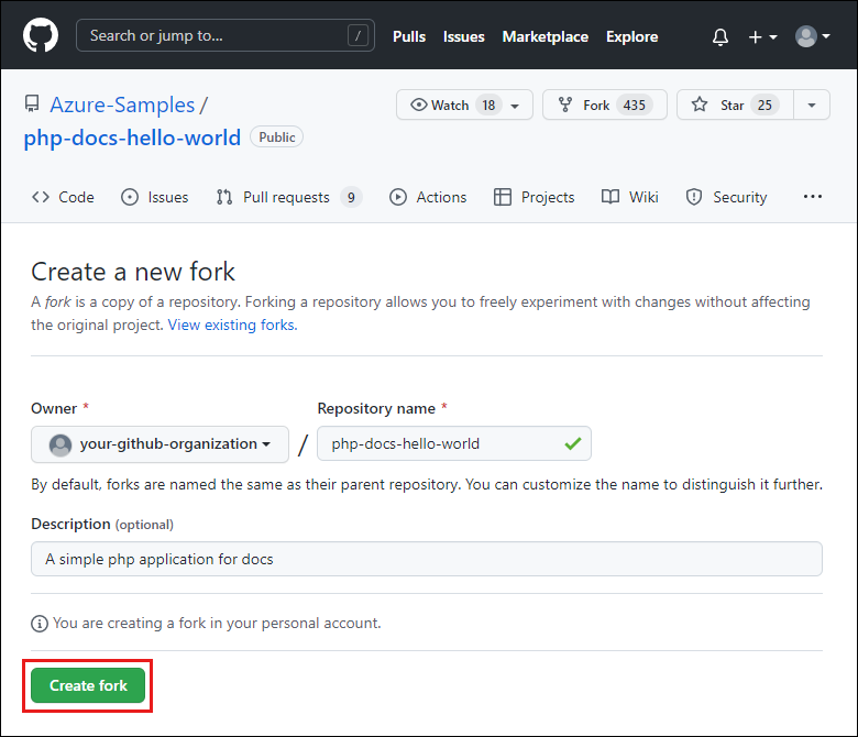 Screenshot della pagina Crea un nuovo fork in GitHub per la creazione di un nuovo fork di Azure-Samples/php-docs-hello-world.