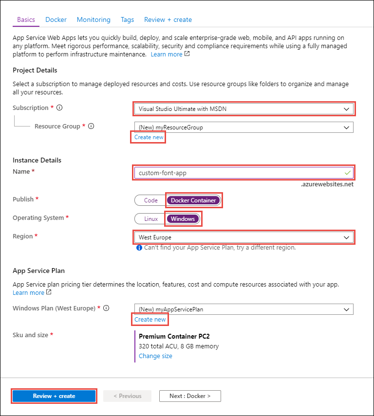 Mostra la scheda Informazioni di base usata per configurare l'app Web.