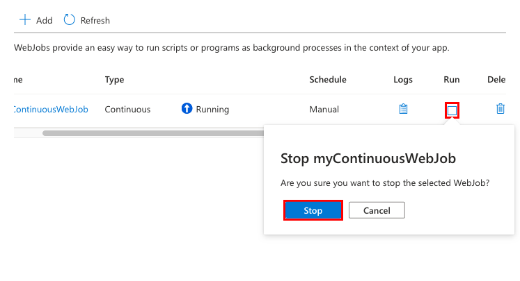 Screenshot che mostra come arrestare un processo Web continuo nel portale di Azure.