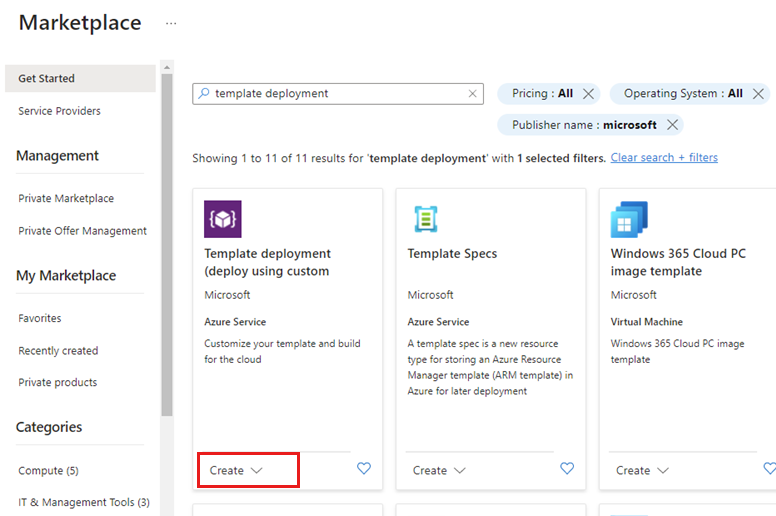 Screenshot che mostra l'opzione di distribuzione modelli in Azure Marketplace, evidenziando il pulsante Crea.