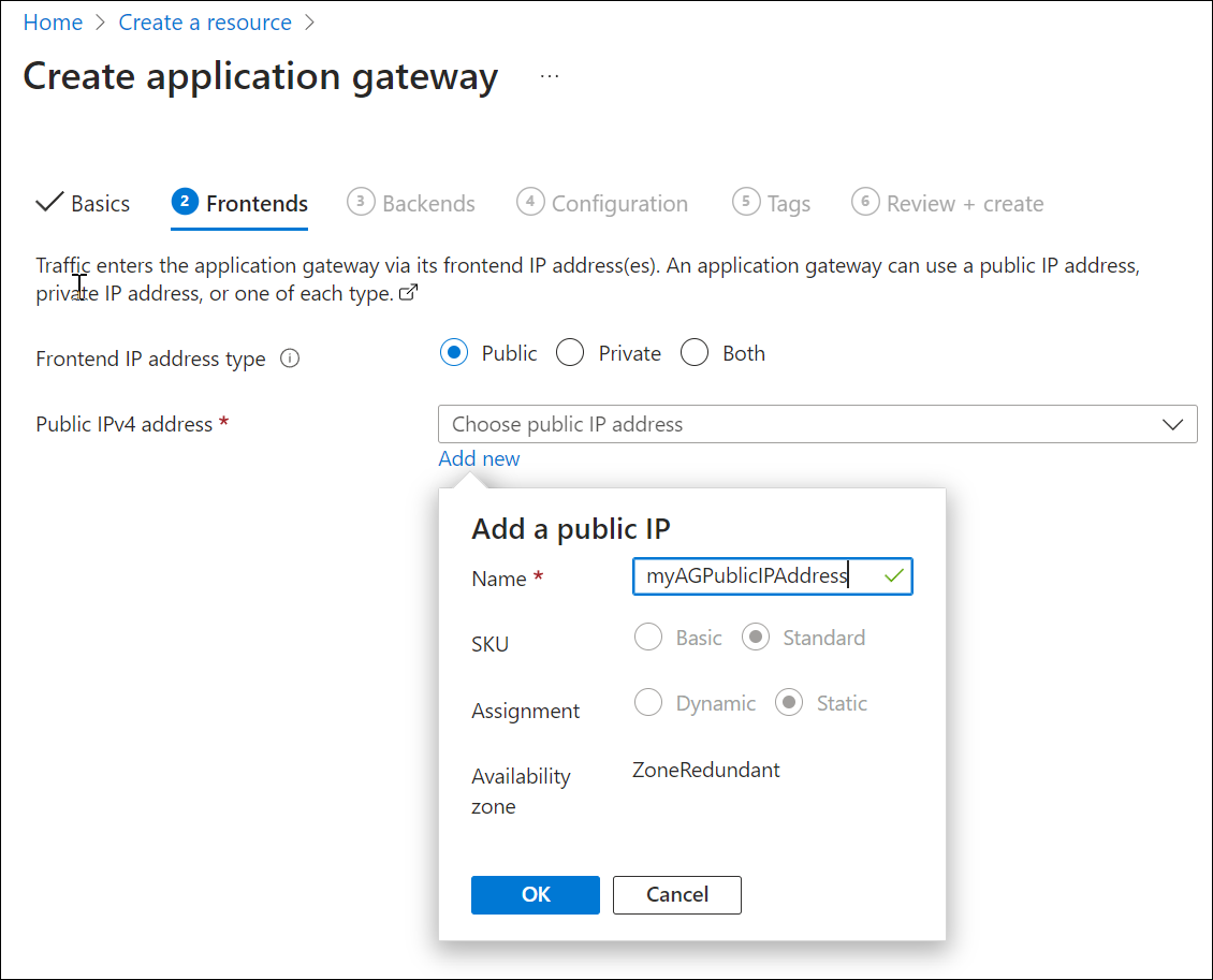 Screenshot della creazione di un nuovo gateway applicazione: front-end.