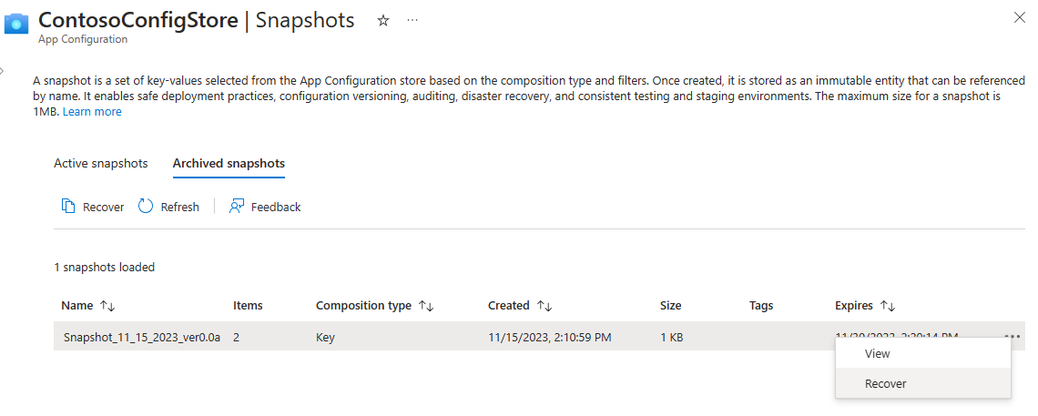 Screenshot dell'opzione di ripristino negli snapshot archiviati.