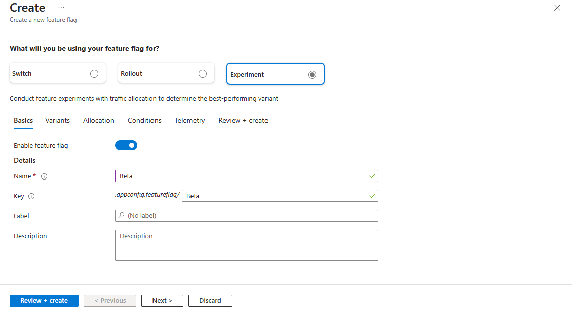 Screenshot del portale di Azure che mostra l'opzione Crea flag di funzionalità - Esperimento.