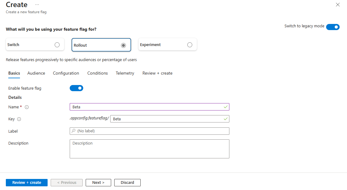 Screenshot del portale di Azure che mostra la funzionalità Crea flag delle funzionalità - opzione Distribuzione.