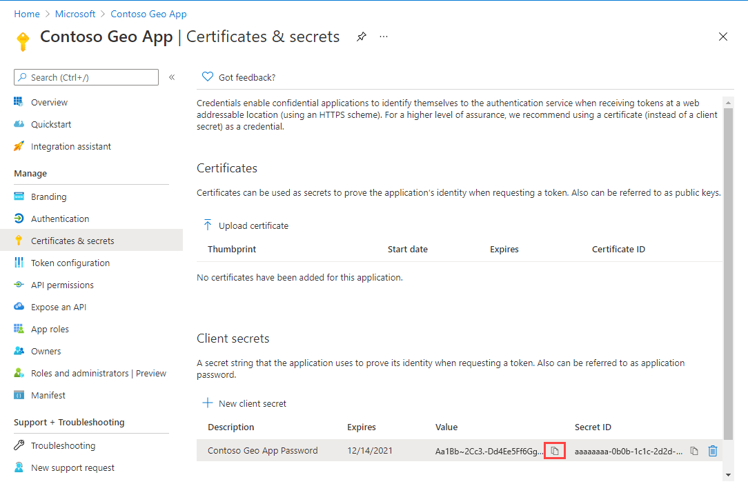 Copia il codice segreto del client.