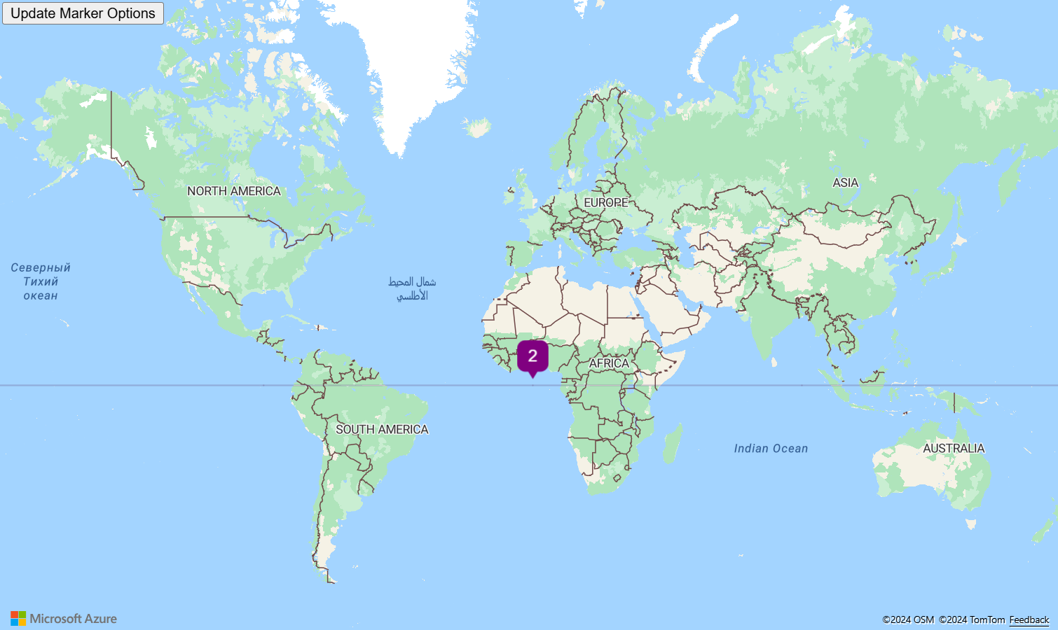 Screenshot che mostra una mappa del mondo con un modello SVG personalizzato usato con la classe HtmlMarker. Include un pulsante etichettato opzioni di aggiornamento marcatore, che quando selezionato modifica il colore e le opzioni di testo dal modello SVG usato in HtmlMarker.
