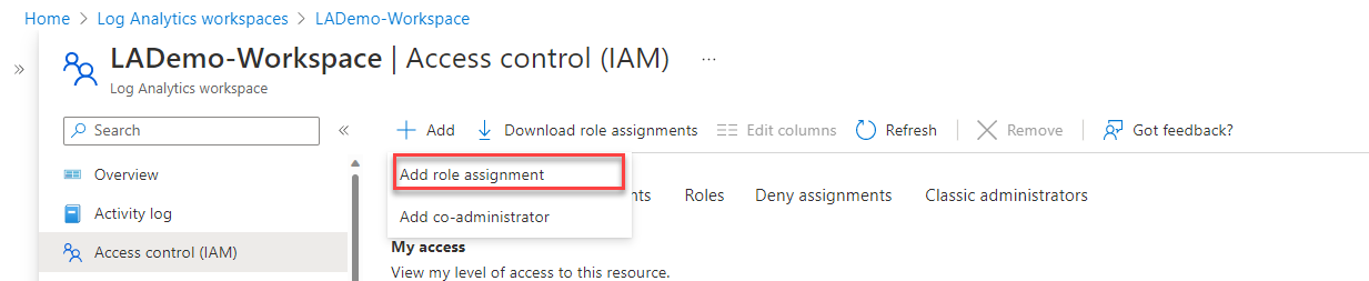 Screenshot che mostra la schermata Controllo di accesso con il pulsante Aggiungi assegnazione di ruolo evidenziato.