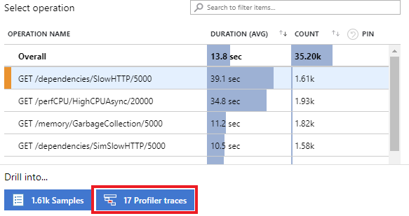 Screenshot che mostra la selezione delle tracce dell'operazione e del profiler per visualizzare tutte le tracce del profiler.