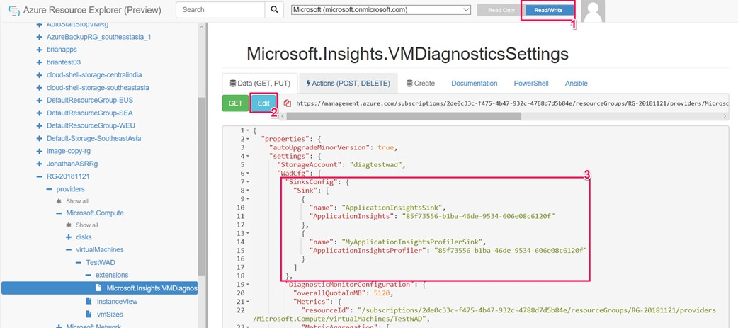 Screenshot che mostra l'aggiunta del sink di Application Insights Profiler.