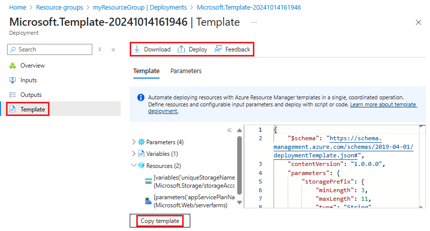 Screenshot della selezione del modello usato per una distribuzione specifica in portale di Azure.