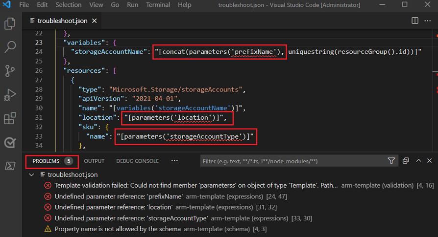 Screenshot di Visual Studio Code che mostra la scheda Problemi che elenca gli errori di riferimento ai parametri non definiti per le sezioni 'variables' e 'resources'.