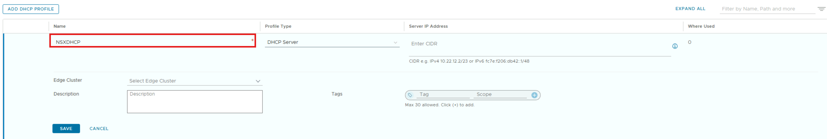 Screenshot che mostra come aggiungere un profilo DHCP in NSX Manager.