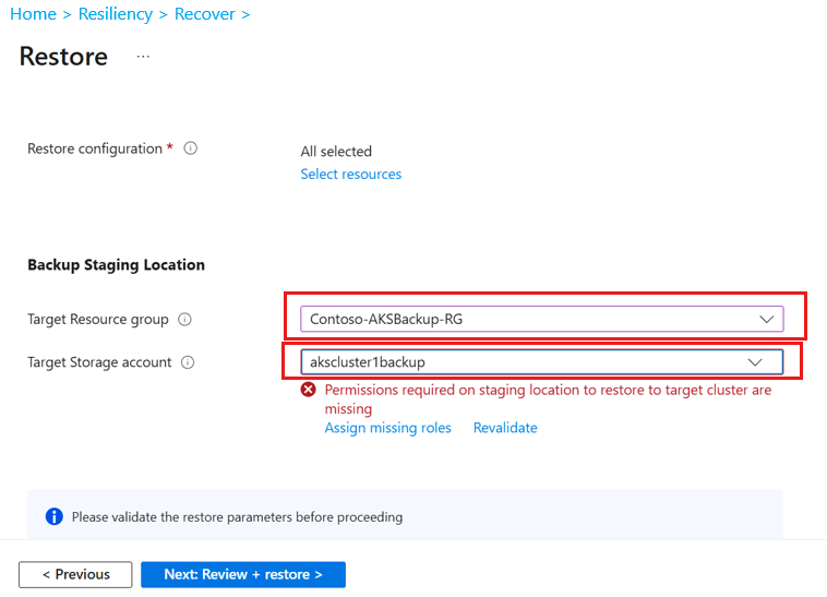 Screenshot che mostra i parametri di archiviazione da aggiungere per il ripristino dalla risorsa di archiviazione standard dell'insieme di credenziali.