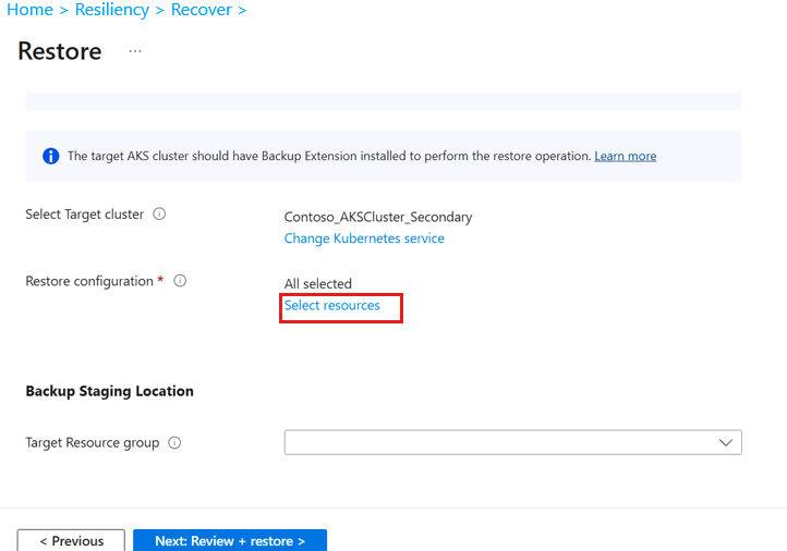 Screenshot che mostra i parametri da aggiungere per il ripristino dalla risorsa di archiviazione standard dell'insieme di credenziali.