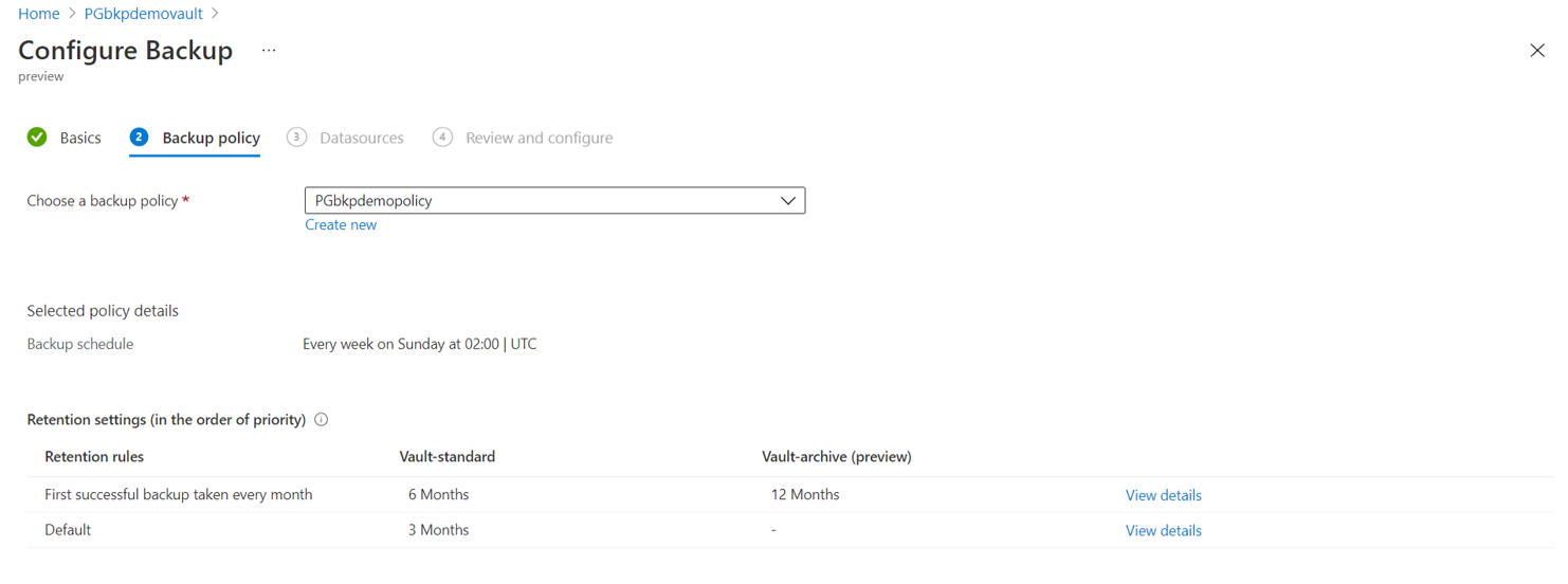 Screenshot che mostra l'opzione per aggiungere una politica di backup.