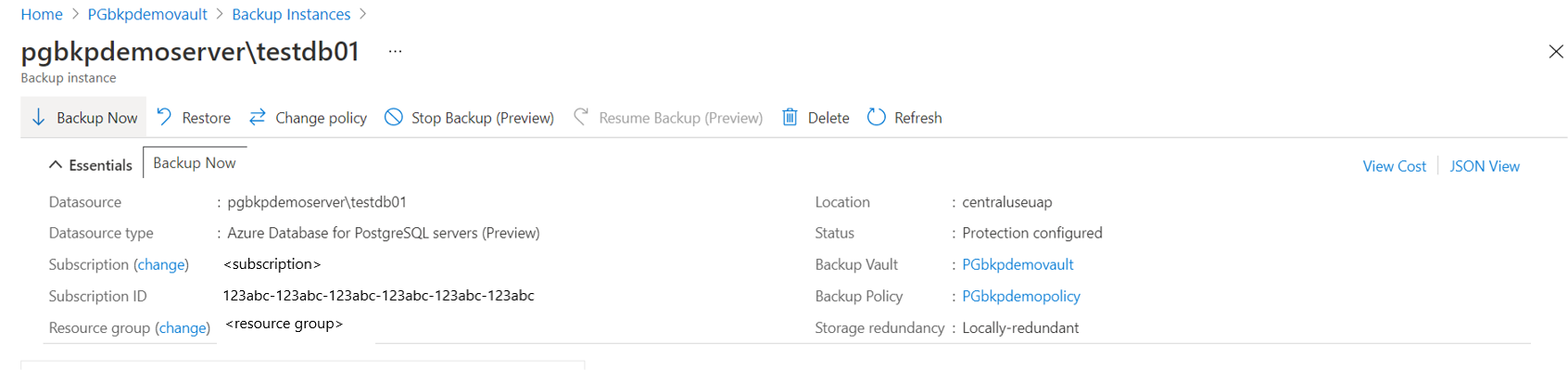 Screenshot che mostra il riquadro per le istanze di backup, incluso il pulsante Backup now (Esegui backup).