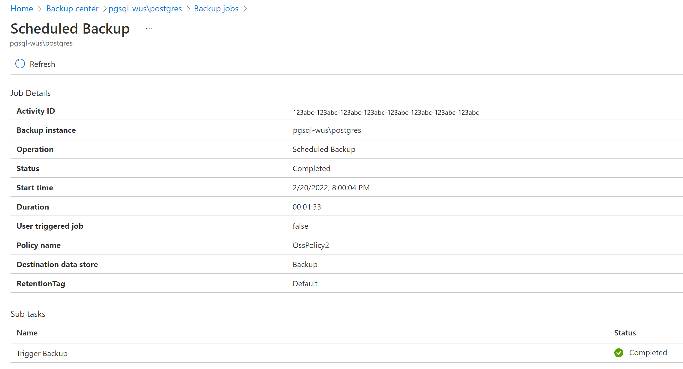 Screenshot che mostra i dettagli per un lavoro selezionato.