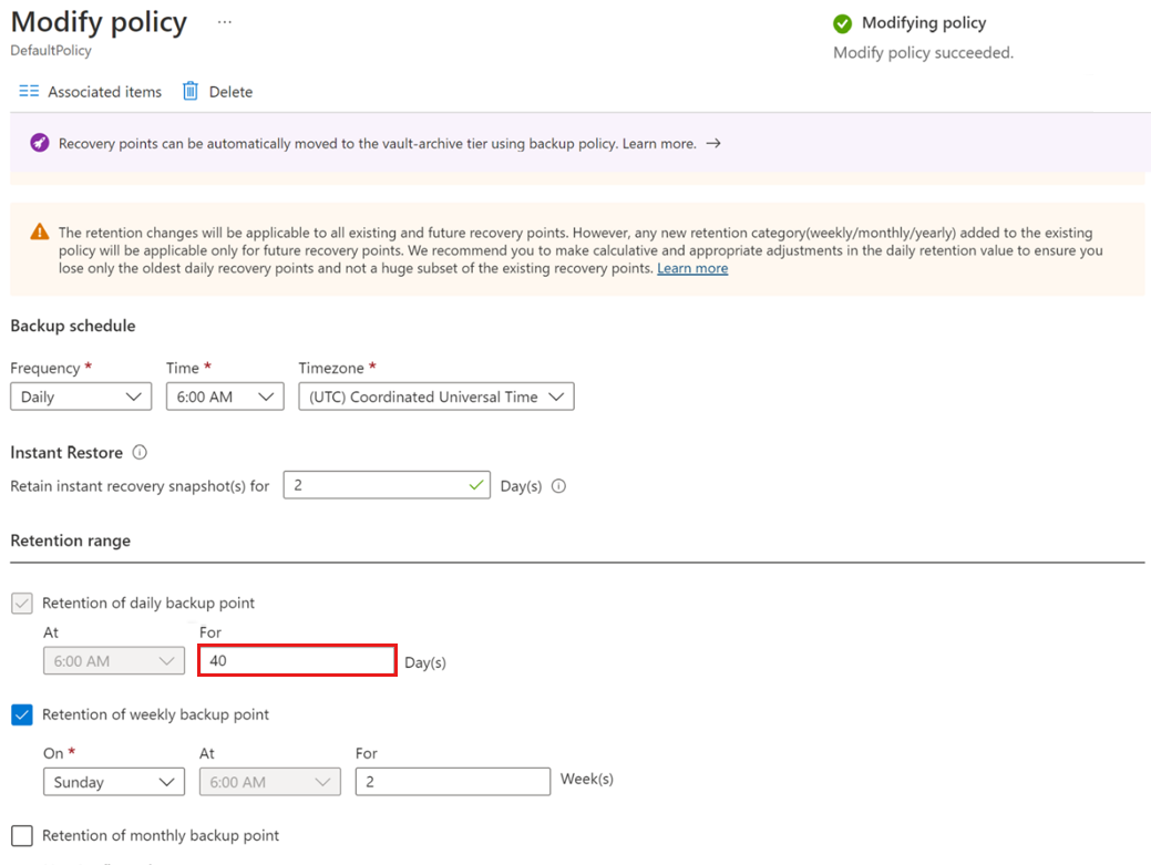 Screenshot che mostra come modificare i criteri di backup per aumentare la conservazione dei backup.