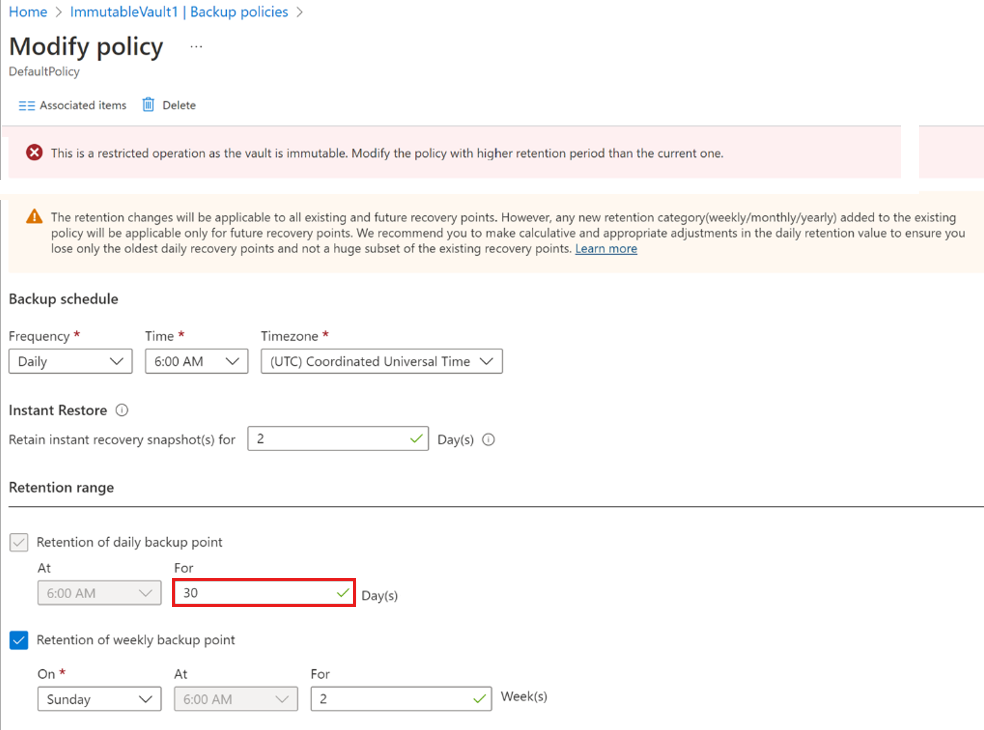 Screenshot che mostra come modificare i criteri di backup per ridurre la conservazione dei backup.