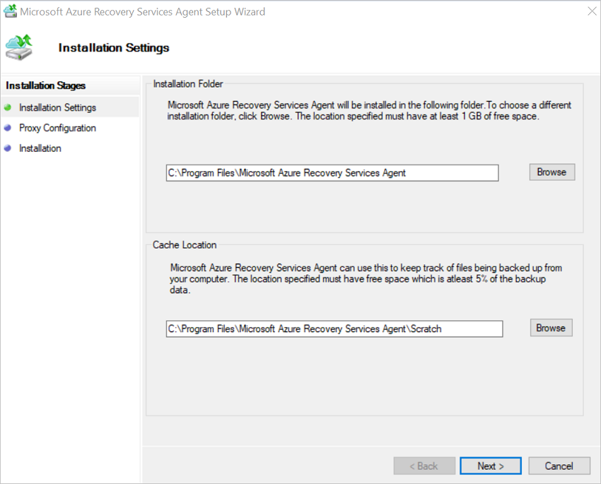 Screenshot che mostra come scegliere le impostazioni di installazione nell'Installazione guidata dell'agente MARS.