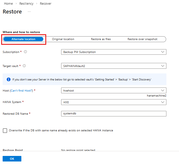 Screenshot che mostra come ripristinare il database in un percorso alternativo.