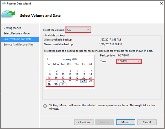 Screenshot che mostra come selezionare volume e data.