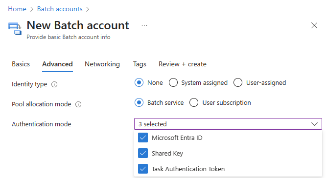 Screenshot delle opzioni relative alla modalità di autenticazione durante la creazione di un account Batch.