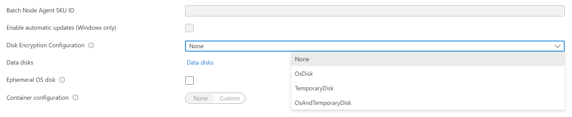 Screenshot dell'opzione Configurazione crittografia disco nel portale di Azure.